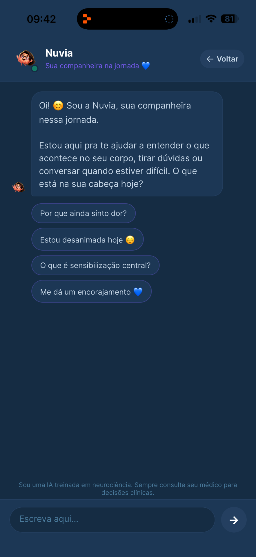 Conversa com a Nuvia, sua companheira de IA no app NuvpAIn